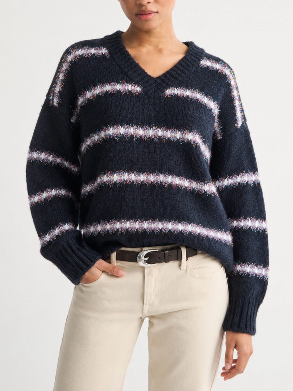 Fate Black Sparkle Sweater V-Neck Colorful Stripe Accents Oversized Size S
